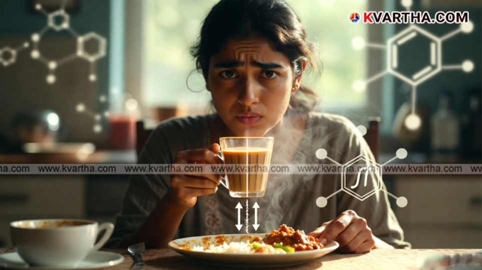 A visual representing the health risks of consuming tea or coffee immediately after a meal.