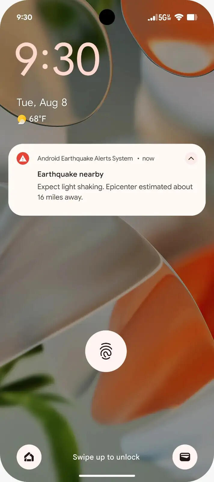 Earthquake alert notification on Android phone screen