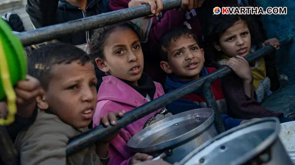 Children suffering from food crisis in Gaza, with sad faces.