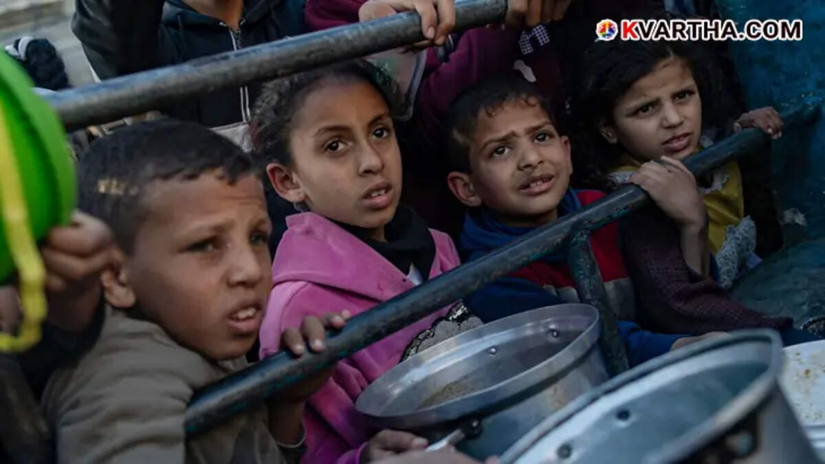 Children suffering from food crisis in Gaza, with sad faces.