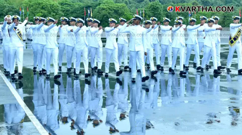 Cadets marching in a passing out parade at Ezhimala Naval Academy.
