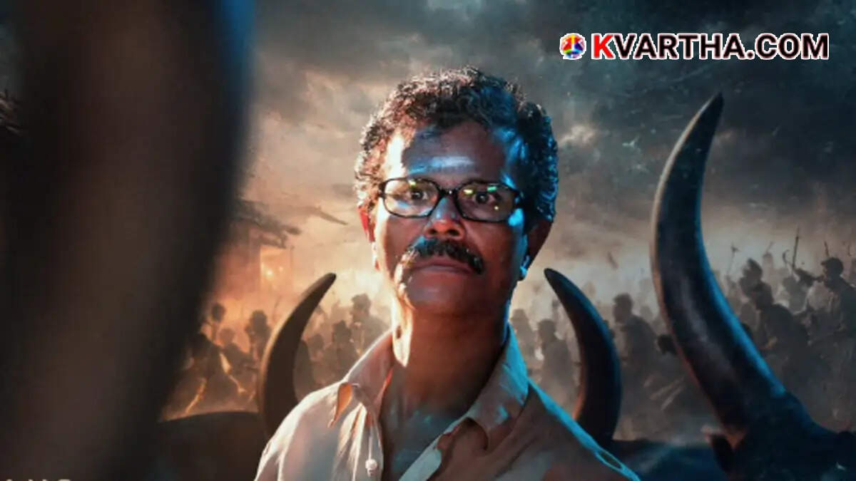 Character poster of Indrans as Krishnankutty standing amidst bulls in the movie Ananthan Kadu