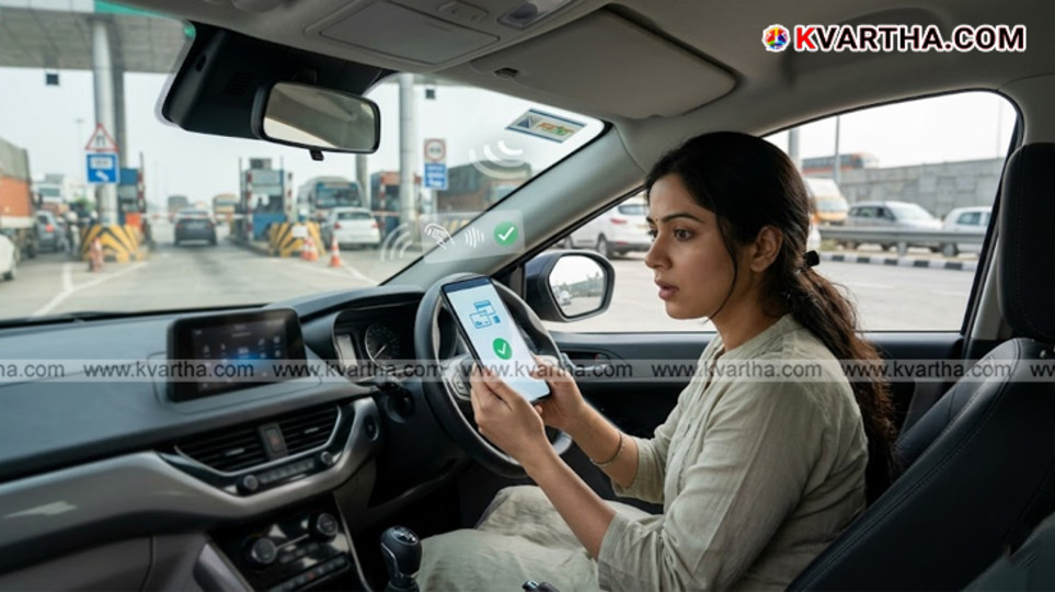A car being scanned at a Fastag toll plaza on a National Highway.