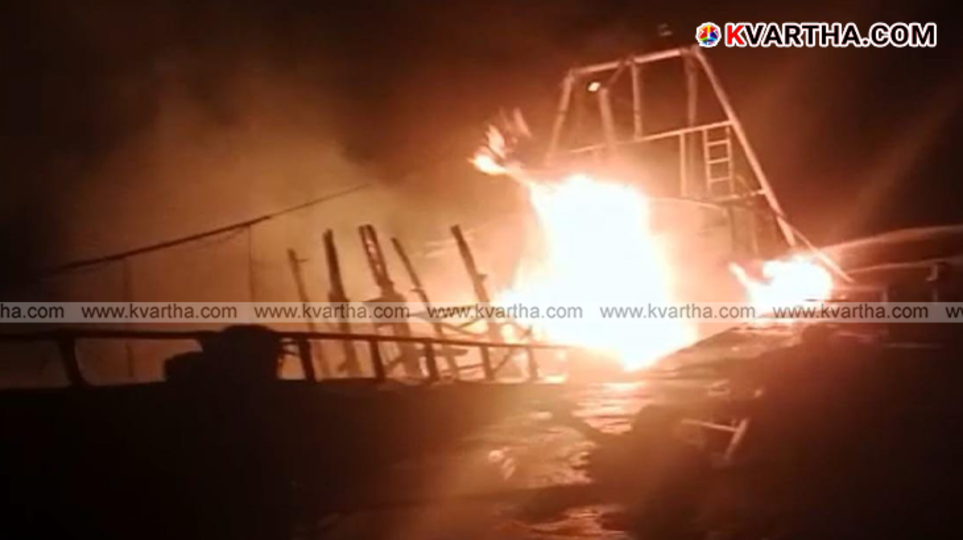 Burnt fishing boat at Azhikkal harbour