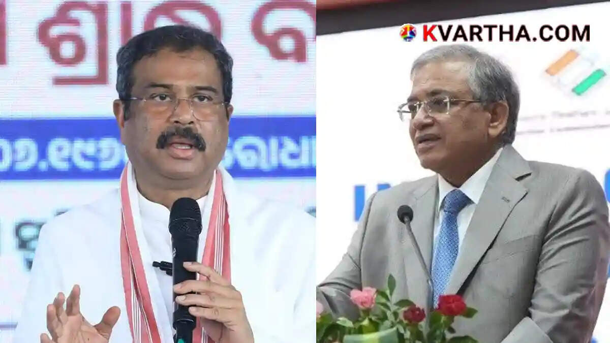 Image reflecting Chief Election Commissioner Gyanesh Kumar and the political context following Dharmendra Pradhan's resignation