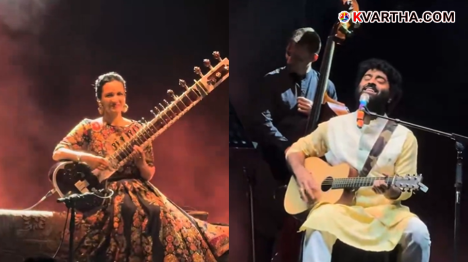 Arijit Singh and Anoushka Shankar performing together on stage in Kolkata.