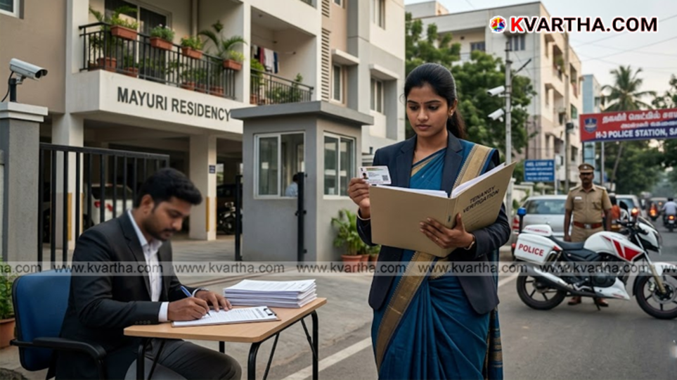 A landlord checking the Aadhaar card of a new tenant for verification.