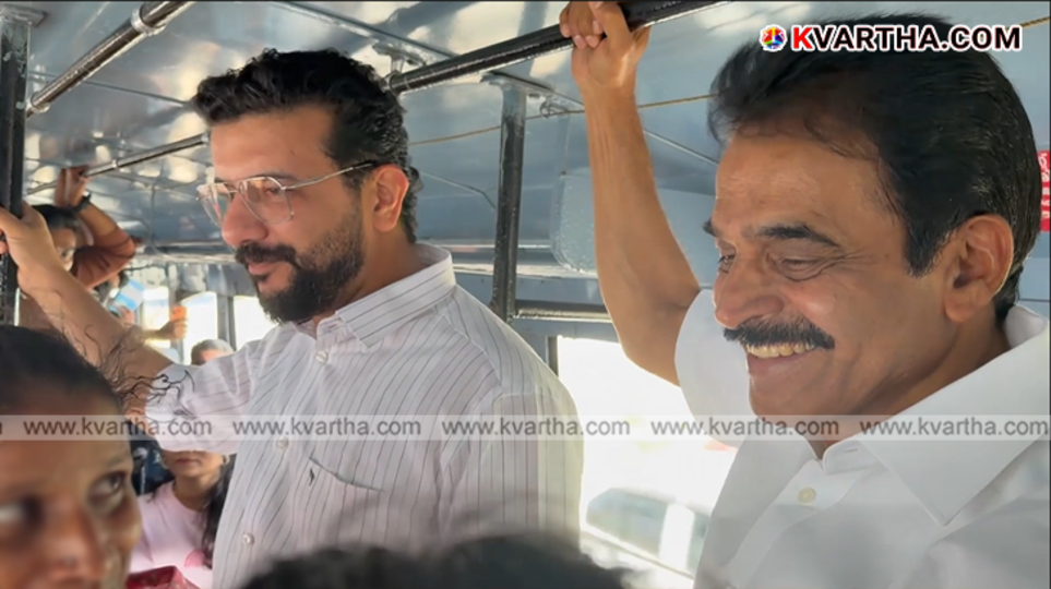 AICC General Secretary KC Venugopal and UDF candidate Ramesh Pisharody interacting with passengers inside a KSRTC bus in Palakkad.