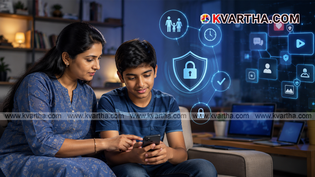 Conceptual image of a child using social media under parental guidance