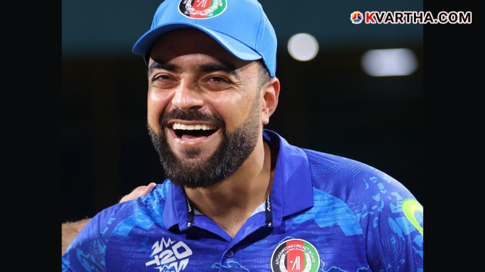 An iconic image of Rashid Khan and his book, standing in an Afghanistan cricket team jersey.&nbsp;
