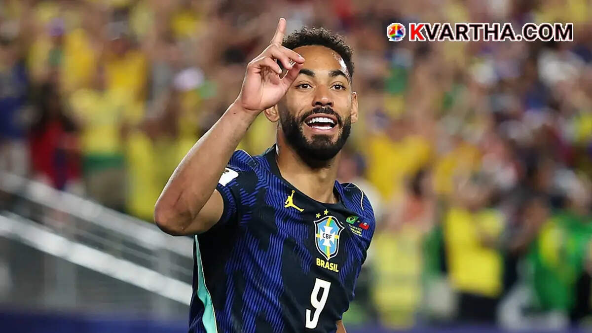 Matheus Cunha celebrating a goal for Brazil