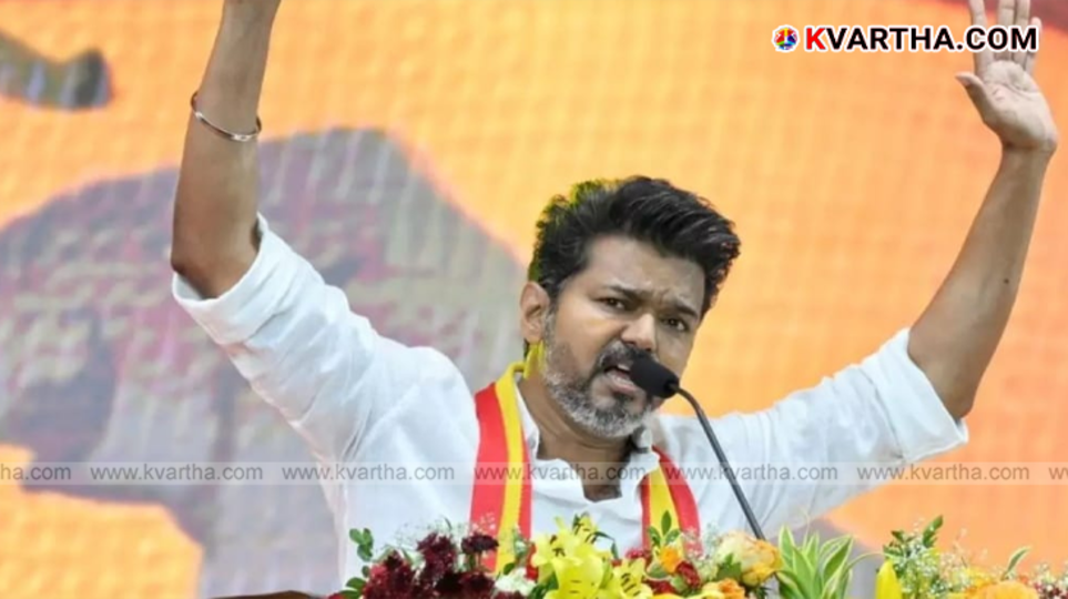 Actor Vijay addresses a massive crowd during his political rally in Tiruchirappalli.