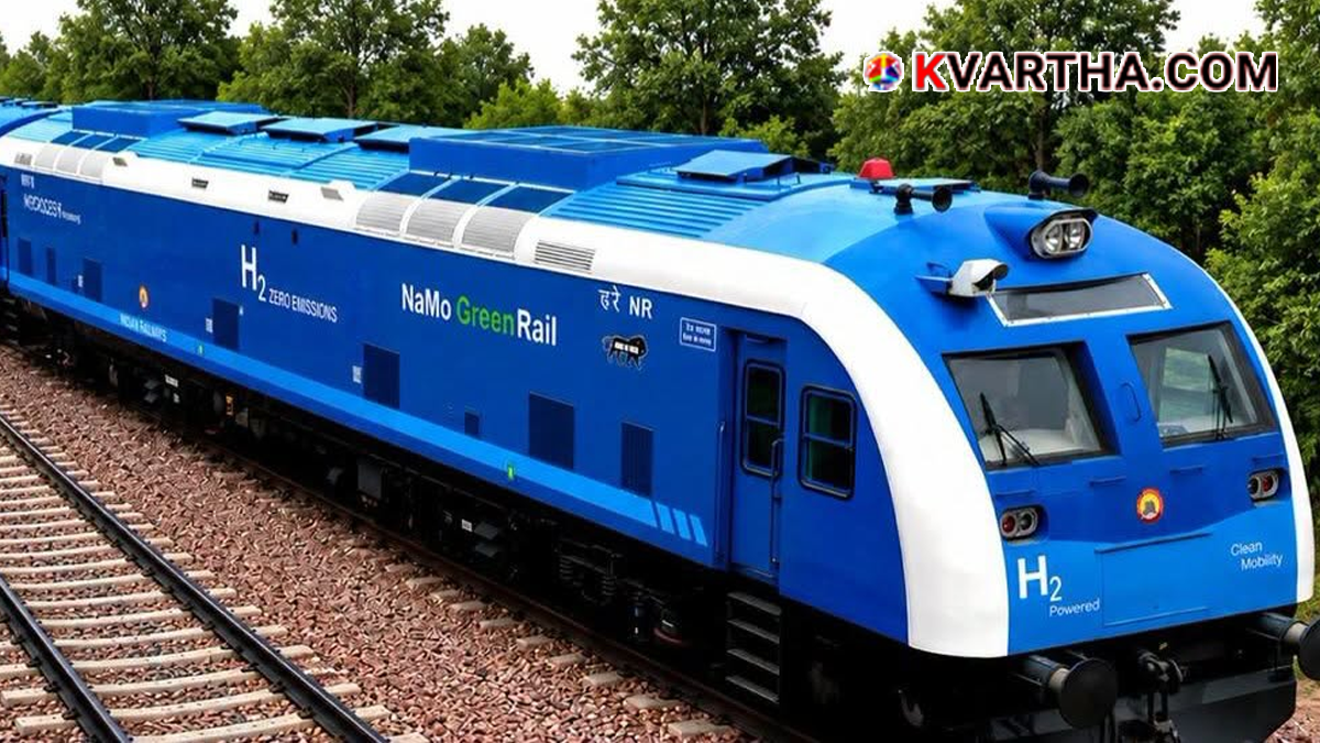 Conceptual image of a hydrogen train on a scenic mountain railway route