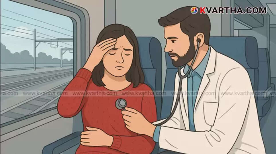 A railway coach attendant attending to a passenger who feels unwell on a train.