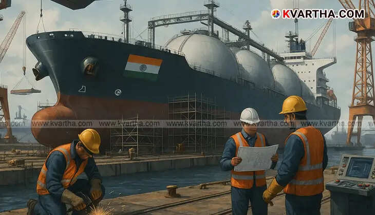 A large gas carrier ship is being constructed at a shipyard.