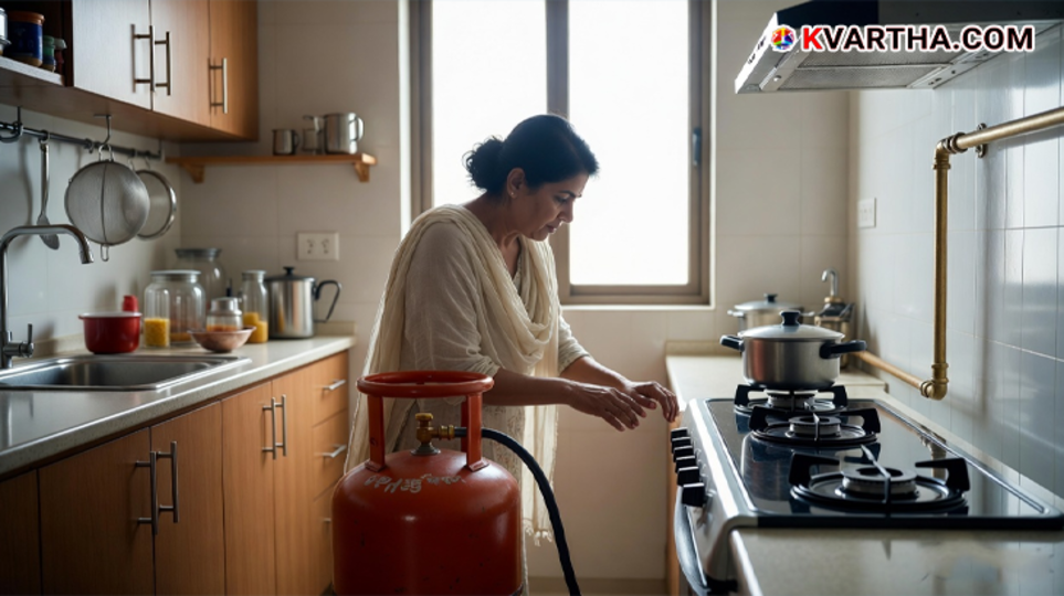 A digital piped natural gas meter installed in a modern Indian kitchen.