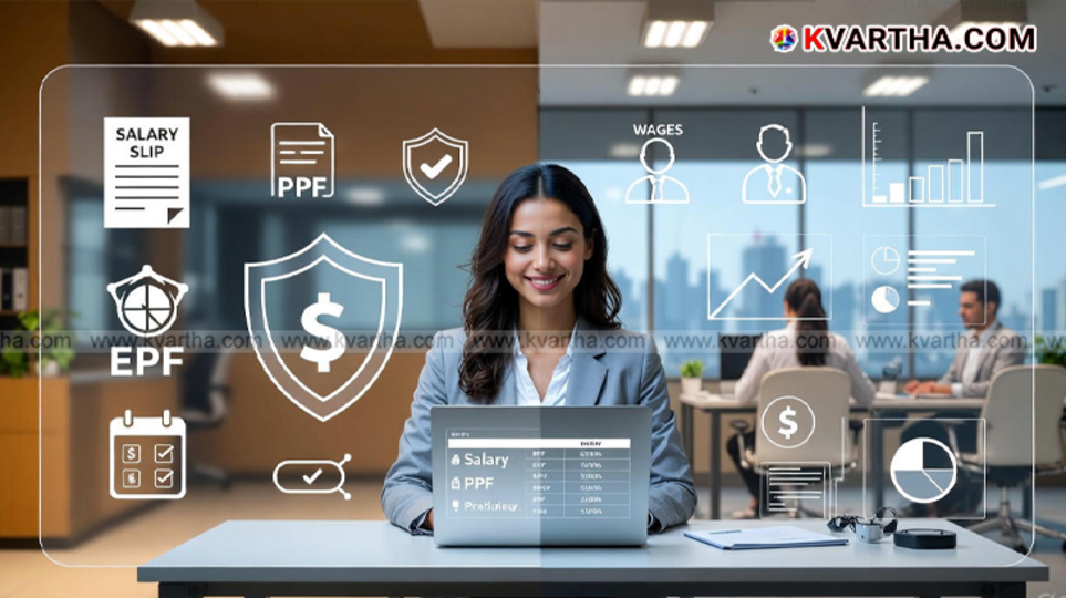 Employee checking salary slip on laptop with PF deductions