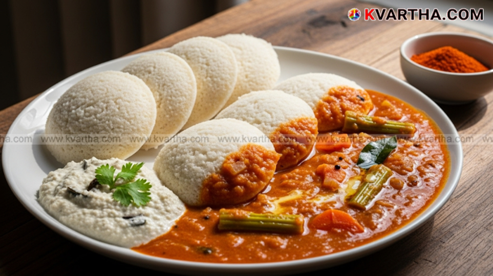 A plate of fluffy idli served with a bowl of sambar.