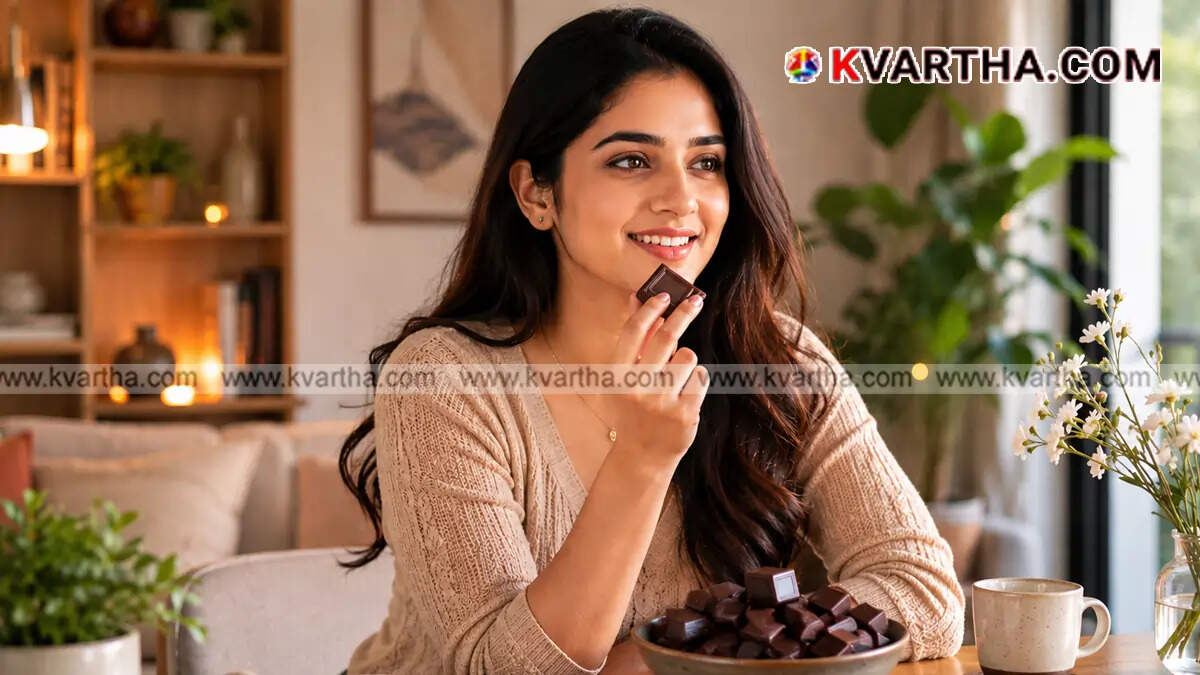  Conceptual image showing a woman happily eating a piece of dark chocolate