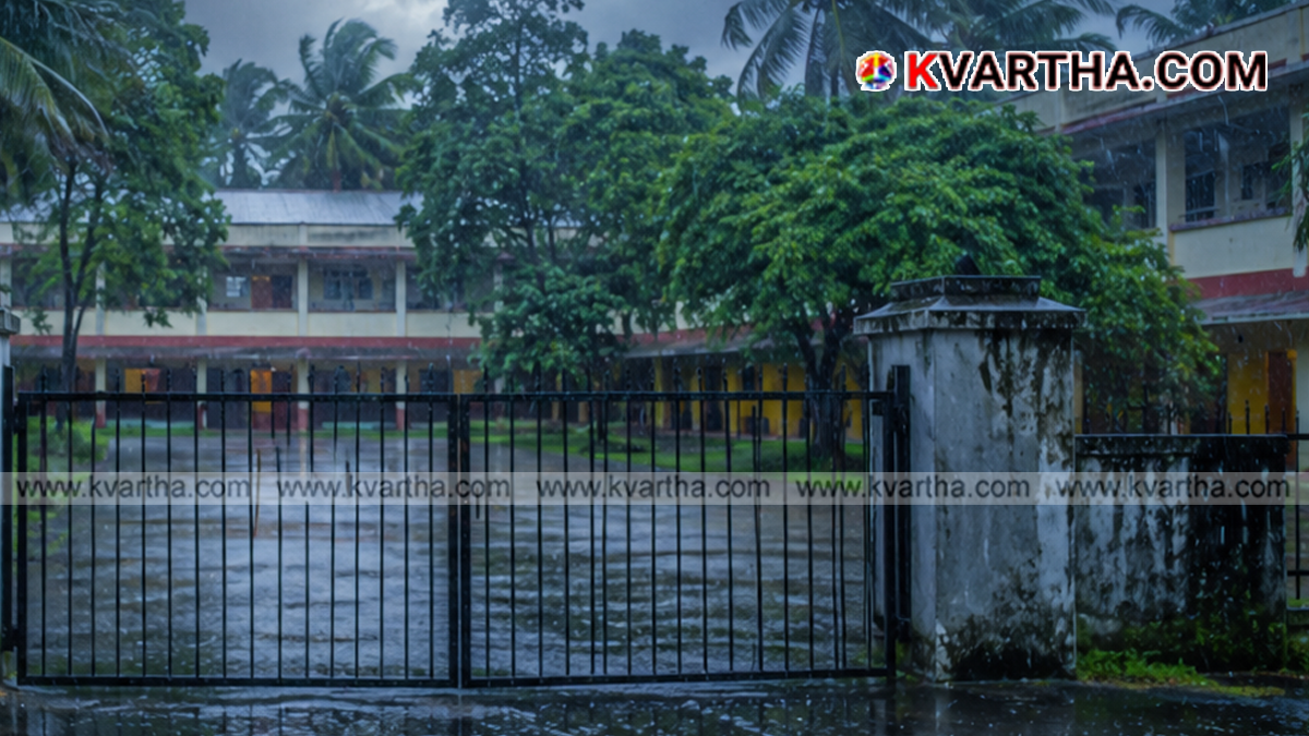 Students walking in heavy rain with umbrellas