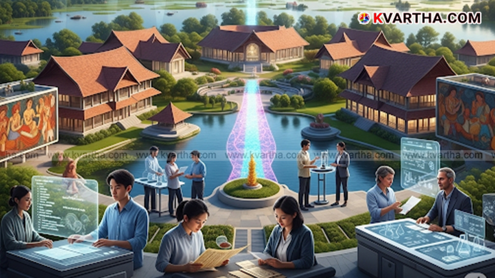 Aerial view of a modern university campus in Kerala, symbolizing the state's vision to become a global education hub.