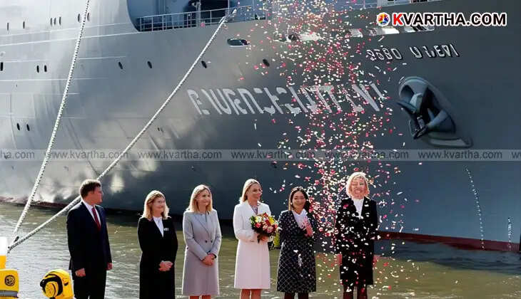 A woman christening a new ship by breaking a champagne bottle against its hull.