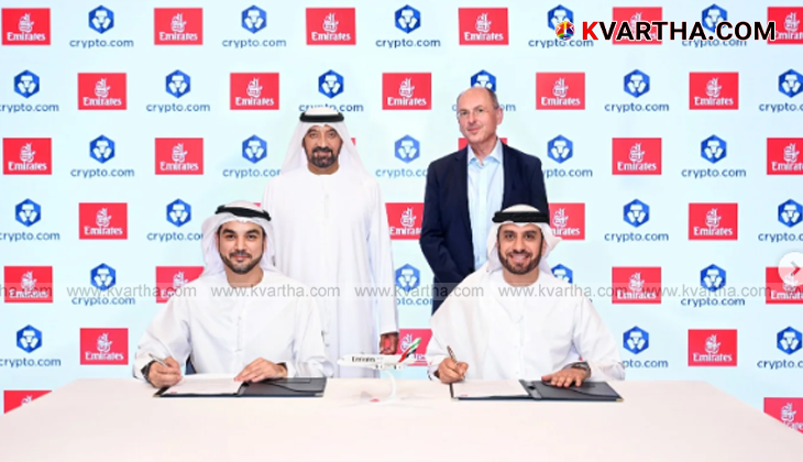 Emirates and Crypto Dot com representatives signing agreement