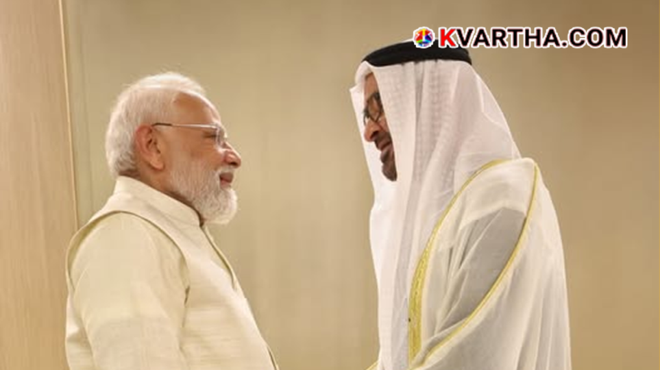 Prime Minister Narendra Modi shaking hands with UAE President Sheikh Mohamed bin Zayed Al Nahyan in Abu Dhabi.