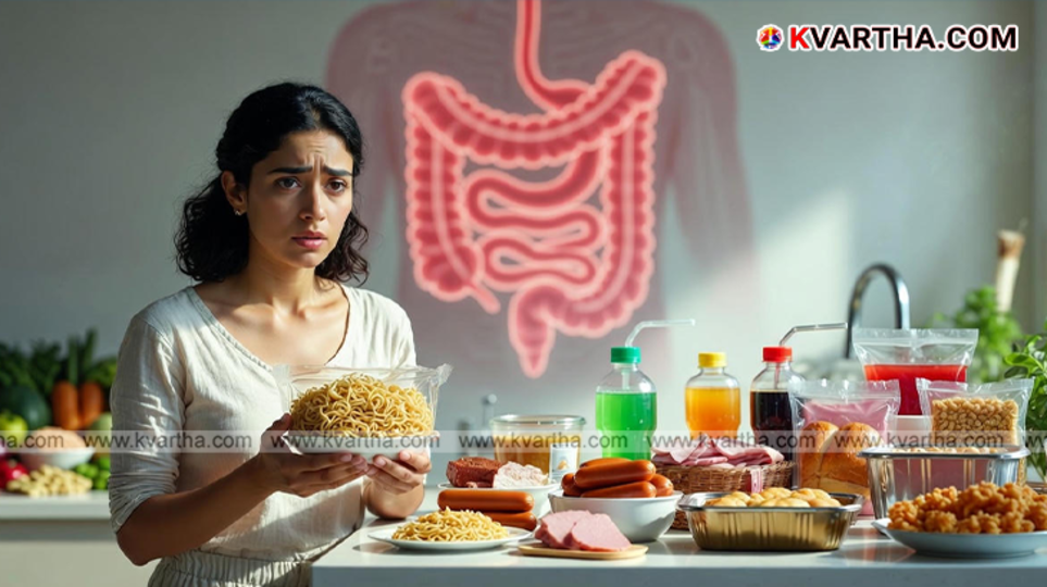 Processed foods like soda and hot dogs next to healthy natural foods.