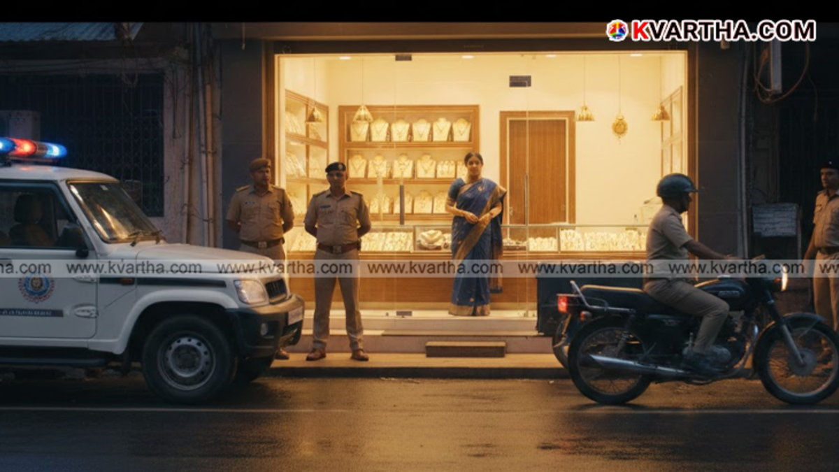 Kerala Police team conducting night patrolling near shops.