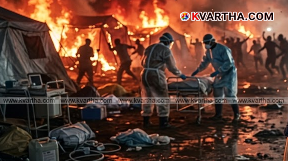  The burnt remains and smoke rising from a heavily damaged medical facility structure in the Ituri province of Congo.