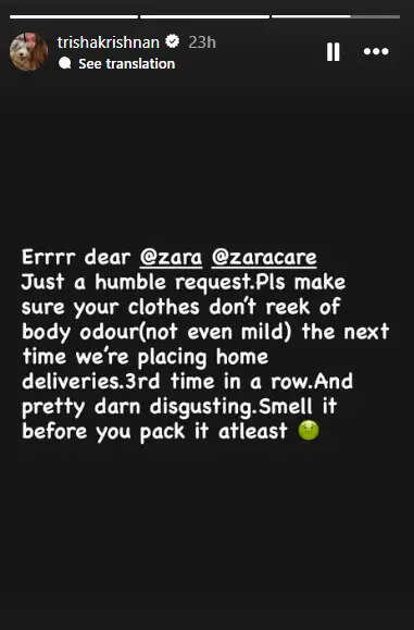 Actress Trisha Krishnan Criticizes 'Zara' for Delivering Sweat-Smelling Clothes; Third Such Incident Reported