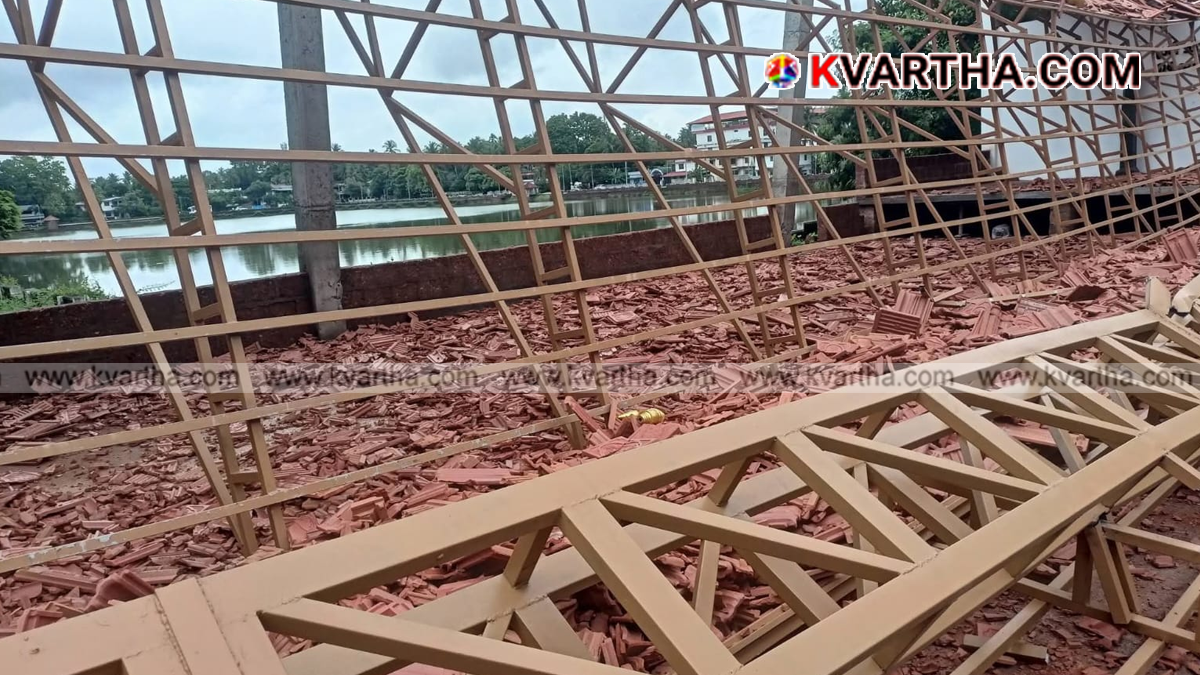Conceptual image showing the collapsed structure of a heritage pavilion at a temple due to heavy rain.