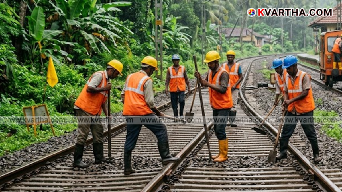 Workers performing track maintenance for Southern Railway in Kerala during April 2026.