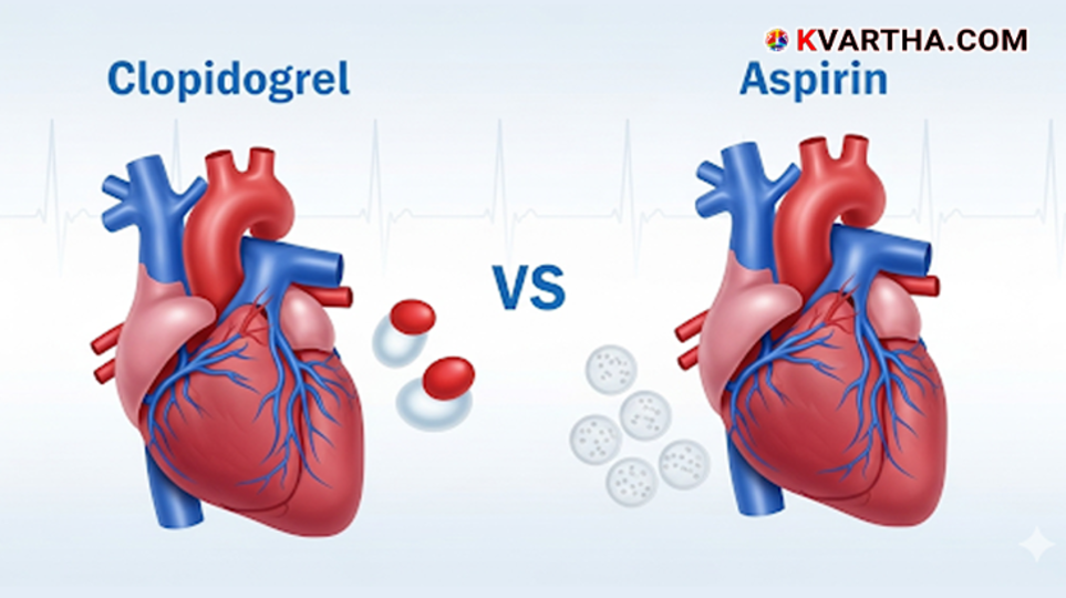 An illustration showing a heart and blood flow, with two pills representing Aspirin and Clopidogrel, symbolizing the medical study.