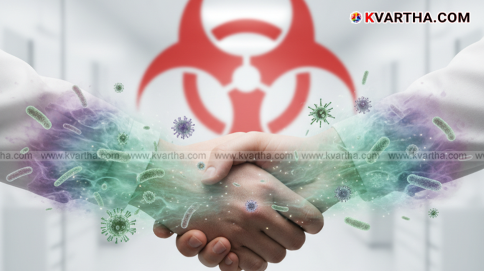 Two hands shaking with germ particles visible