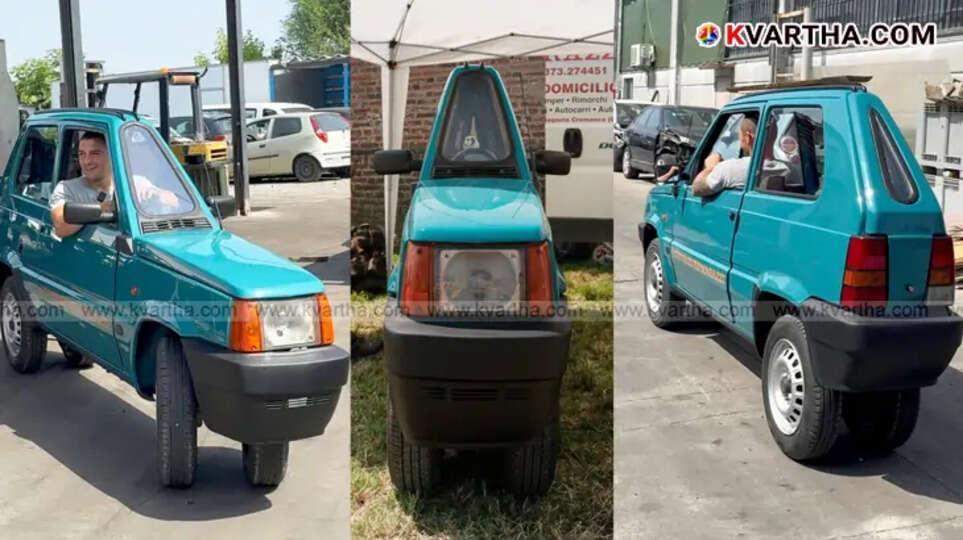 Image of the 50 cm wide Fiat Panda, the world's narrowest car, on a street.