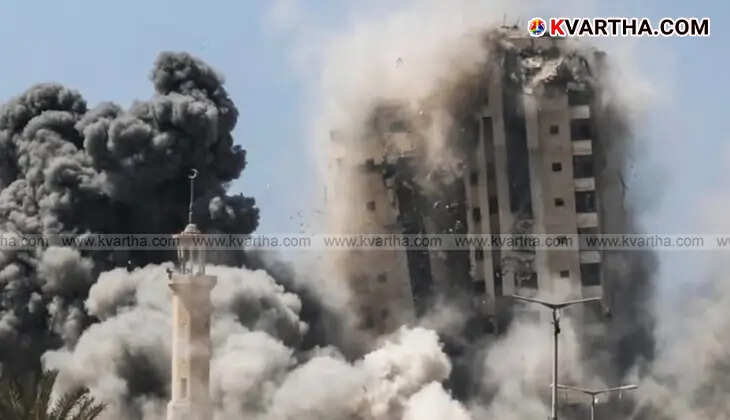 A destroyed multi-story building in Gaza City after an Israeli airstrike.