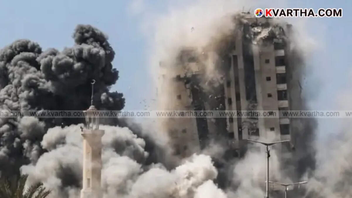 A destroyed multi-story building in Gaza City after an Israeli airstrike.