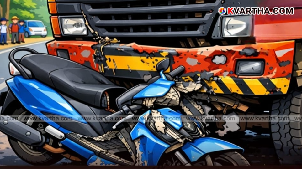 Graphics Image of&nbsp;road accident involving a lorry and a scooty on National Highway in 2026.