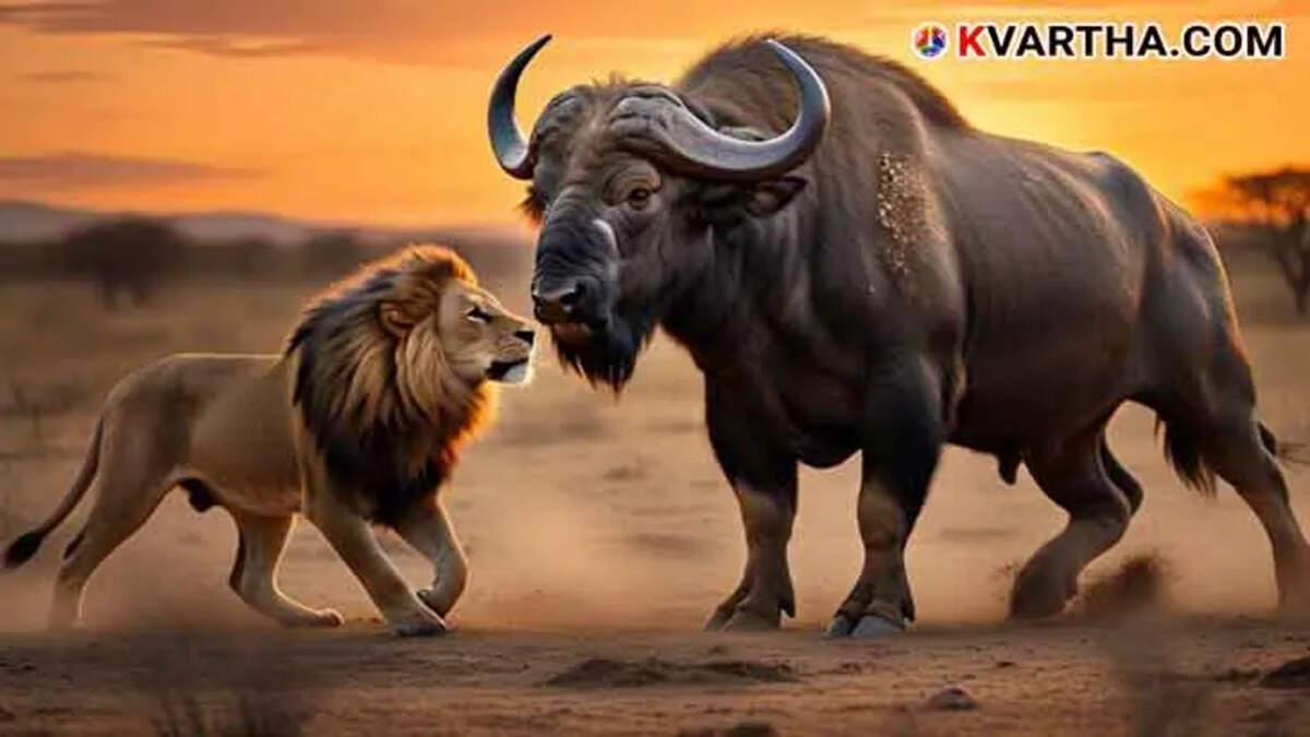 Wild buffalo challenging a lion in the African wilderness.