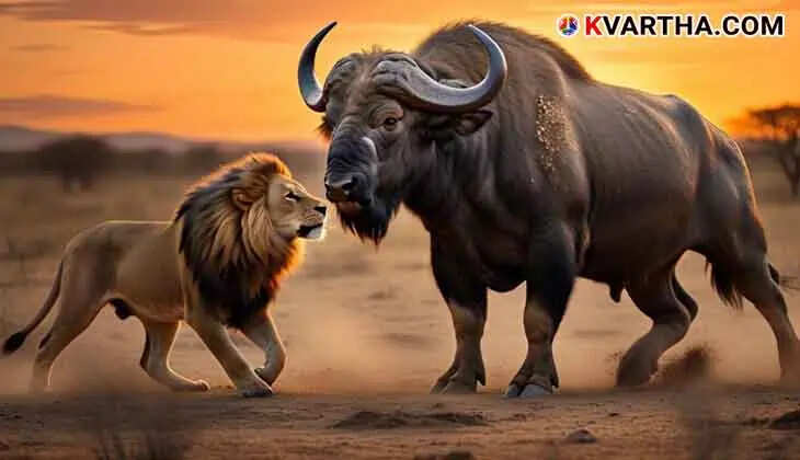 Wild buffalo challenging a lion in the African wilderness.