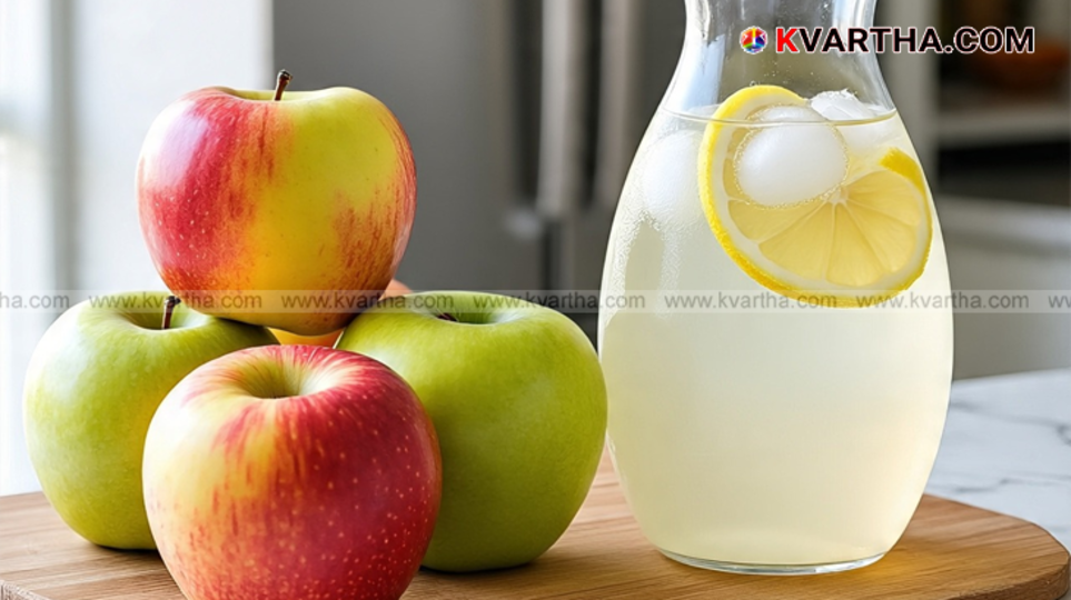 A fresh red apple and a glass of lemon water side-by-side, symbolizing health benefits.