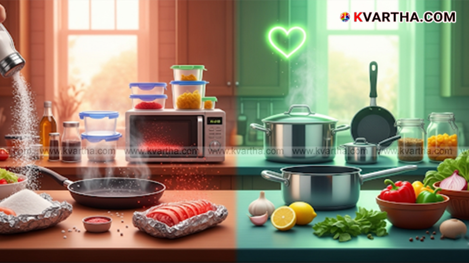 A collection of common kitchen items, including salt, plastic containers, and non-stick pans.