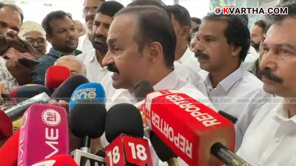 Opposition leader V D Satheesan speaking at a press conference in Kannur.