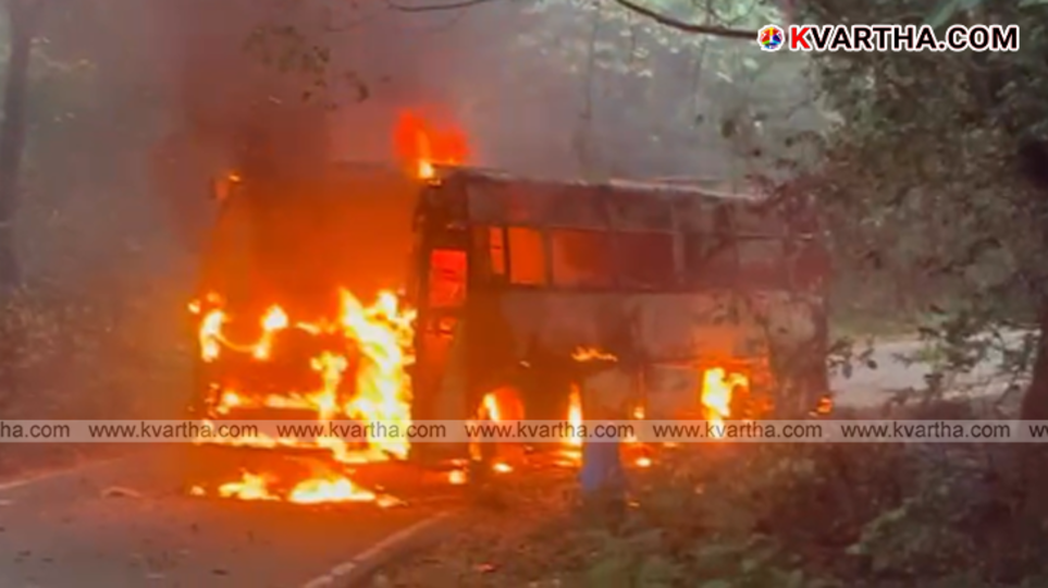 Burnt private bus on Makkoottam Ghat road