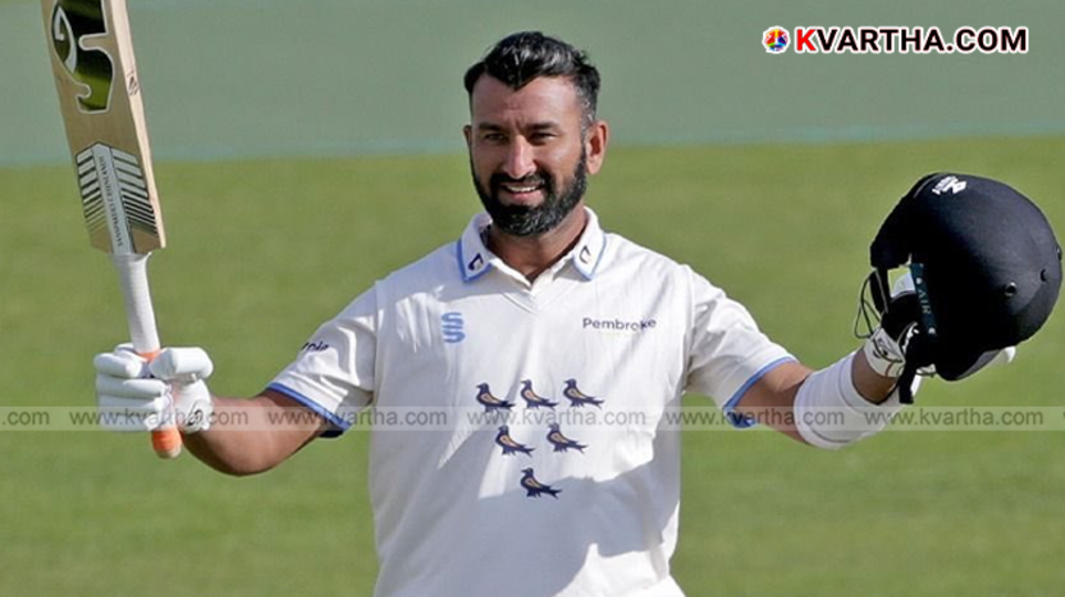 A portrait of Indian cricketer Cheteshwar Pujara in his cricket uniform.