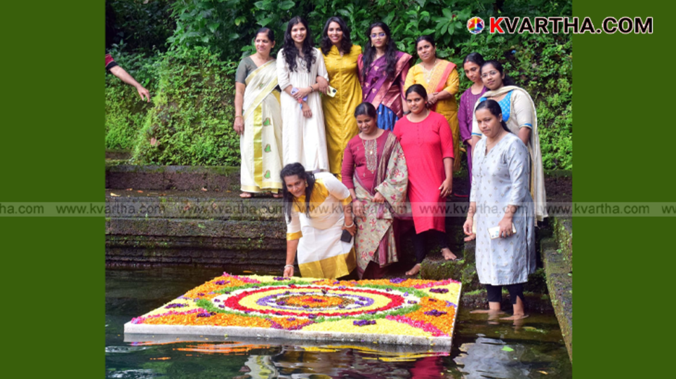 A unique floating pookalam arranged in a swimming pool in Kannur.