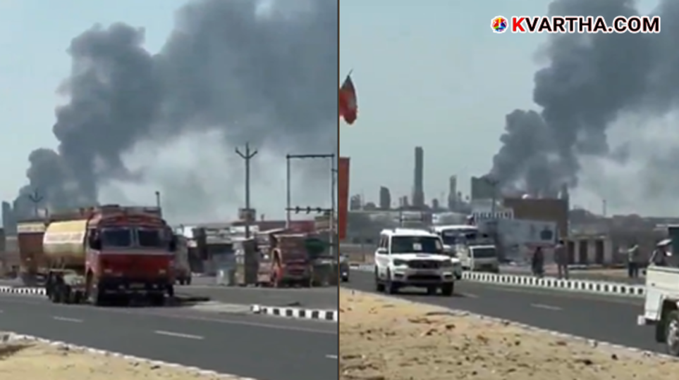 Heavy smoke is seen rising from the site of a fire at the HPCL refinery in Balotra, Rajasthan.