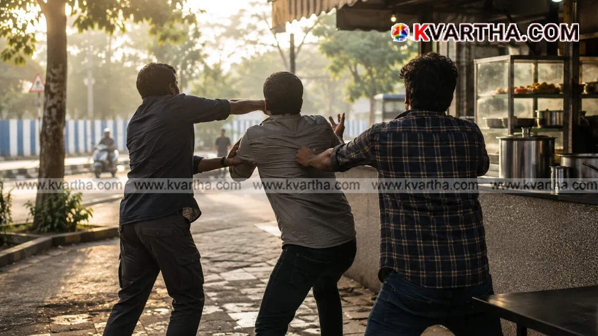Conceptual image showing an altercation outside a food shop